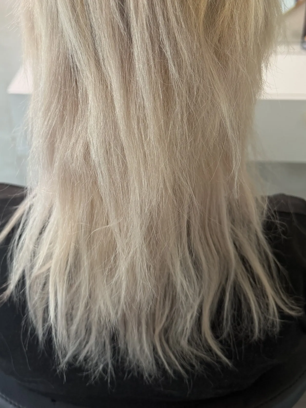 Tynt, skadet blondt hår sett bakfra
